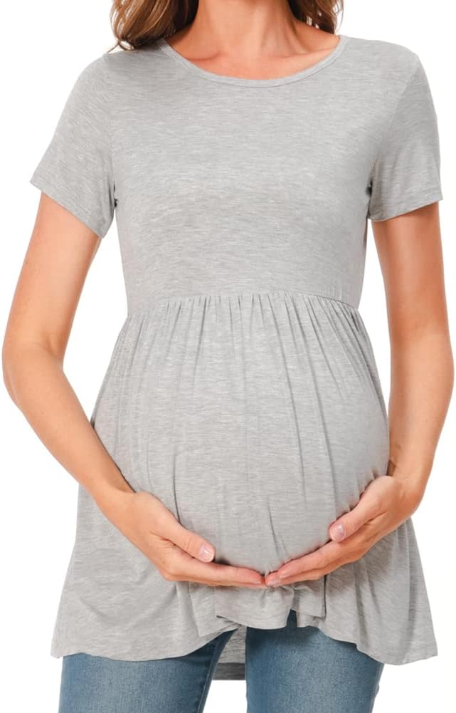 Bearsland Maternity Tops Short Sleeve Scoop Neck Breastfeeding T-Shirt Pregnancy Clothes S Grün & He