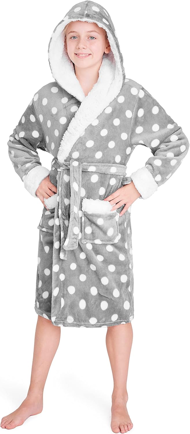 CityComfort Bademantel Kinder Mädchen, Fleece Morgenmantel Kinder Dressing Gown mit Punkten, Grau
