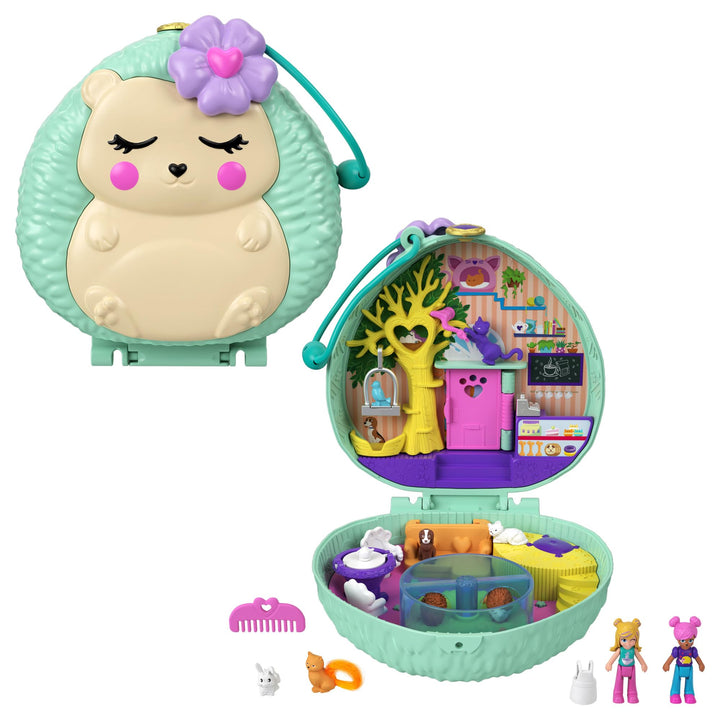 Polly Pocket GTN15 - Igel-Café Schatulle im Café- und Haustier-Design, kleiner Polly Puppe & Freundi