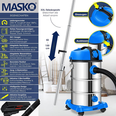 MASKO® Industriestaubsauger Staubsauger Nass Trocken Sauger Edelstahl 2300W + Steckdose | Blasfunkti