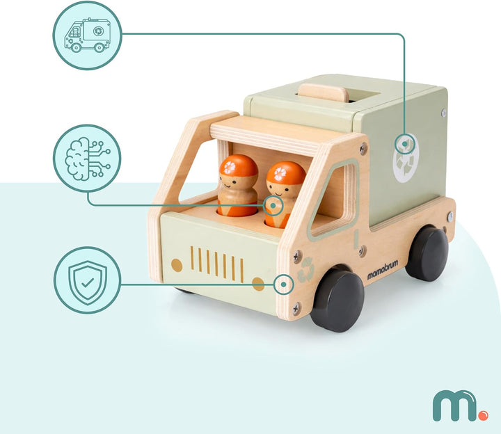 mamabrum Holz-Müllwagen mit Zubehör, Lernspielzeug für Kinder ab 3 Jahren, MDF, Natur und Grün, 2 Ho