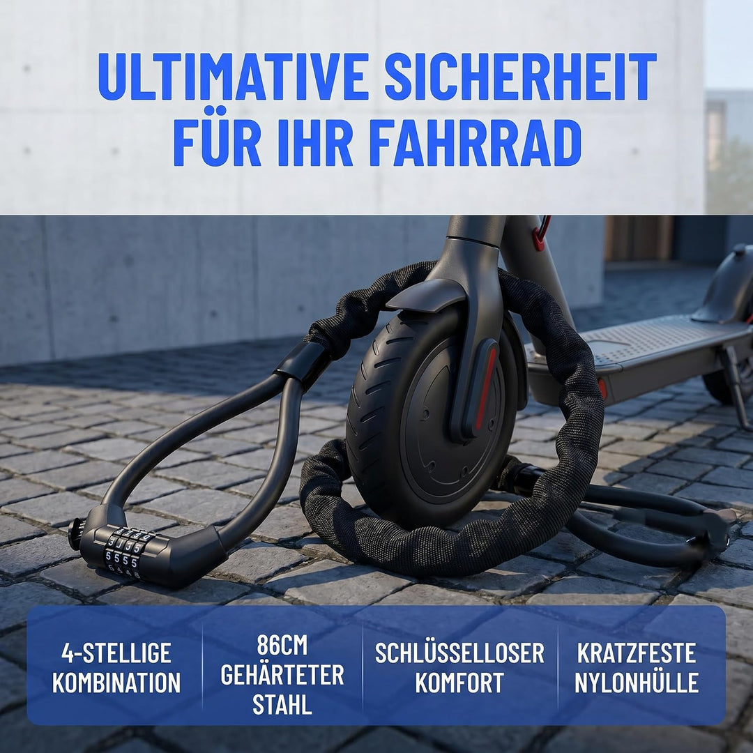 E Scooter Schloss, Fahrradschloss Kettenschloss mit Fahrradhalterung | 4Stellig Zahlencode Doppeltes