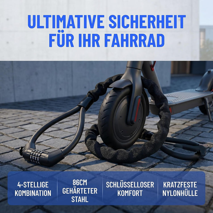 E Scooter Schloss, Fahrradschloss Kettenschloss mit Fahrradhalterung | 4Stellig Zahlencode Doppeltes
