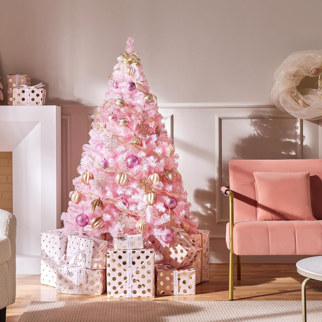 Yaheetech 154cm Künstlicher Weihnachtsbaum Rosa, Tannenbaum mit 398 Spitzen & Faltbarem Metallstände