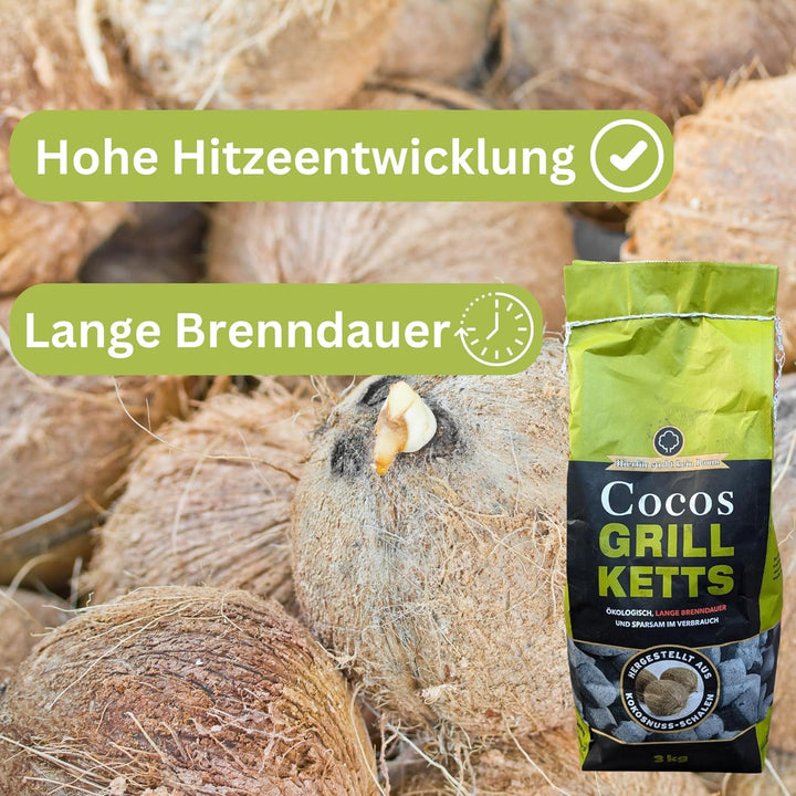 Kokosnuss Cocos Grillbriketts Premium Qualität aus Kokos-Kohle | 5kg 10kg 15kg 20kg | extra Lange Br