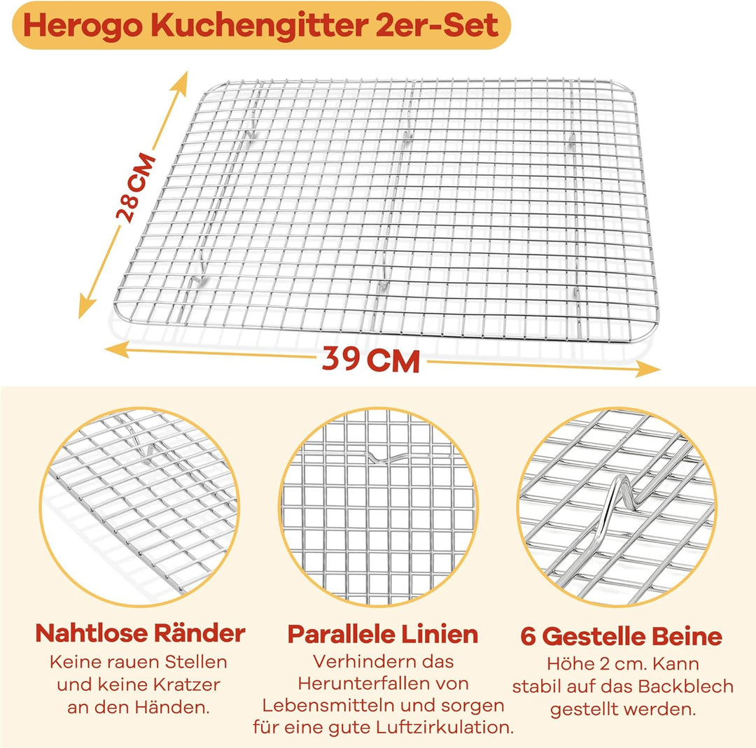 Herogo Grosses Abkühlgitter Set, Edelstahl Auskühlgitter 2er-Set, 39x28x2 cm, für Grosse Backbleche,