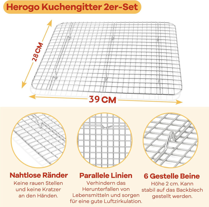 Herogo Grosses Abkühlgitter Set, Edelstahl Auskühlgitter 2er-Set, 39x28x2 cm, für Grosse Backbleche,