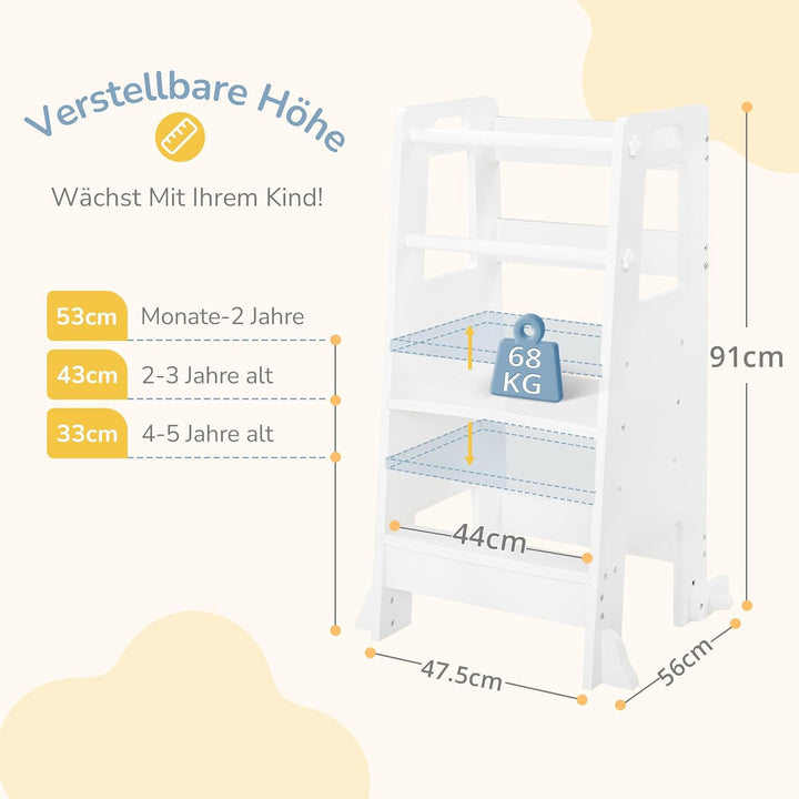 LUE BONA Lernturm für ab 1 Jahr,Kinderküchen Tritthocker mit Sicherheitsschienen,höhenverstellbarer