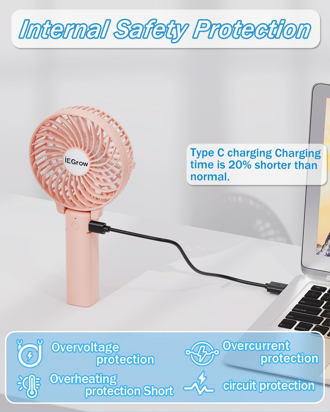 iEGrow Handventilator Tragbarer Mini Ventilatoren USB Wiederaufladbarer [2-9 Betriebsstunden] 3 Gesc