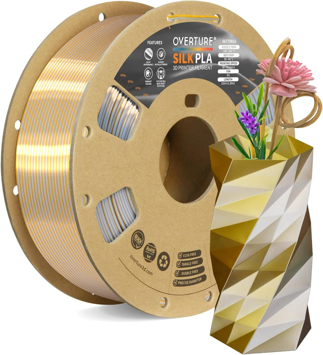 OVERTURE Silk PLA Zweifarbig Filament 1.75mm für 3D Drucker, 1kg Spule (2.2lbs), Massgenauigkeit +/-
