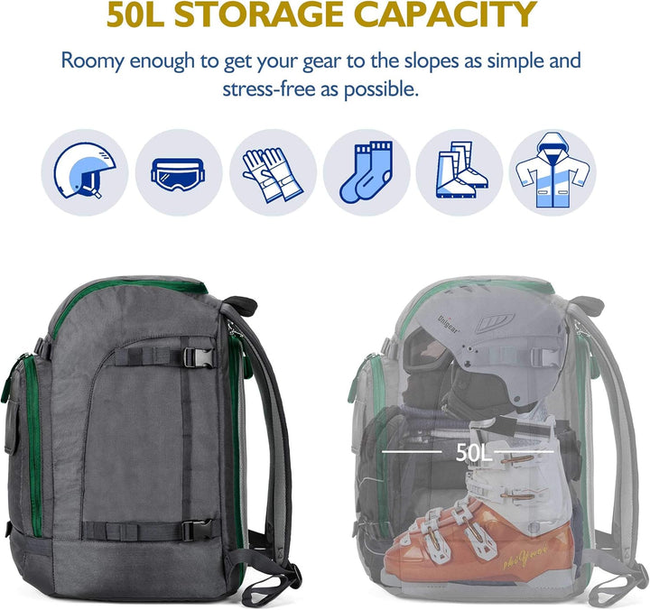 Unigear Skischuhtasche mit Helmfach und Rucksackgurten, Skirucksack Skischuhrucksack mit Helmtasche,