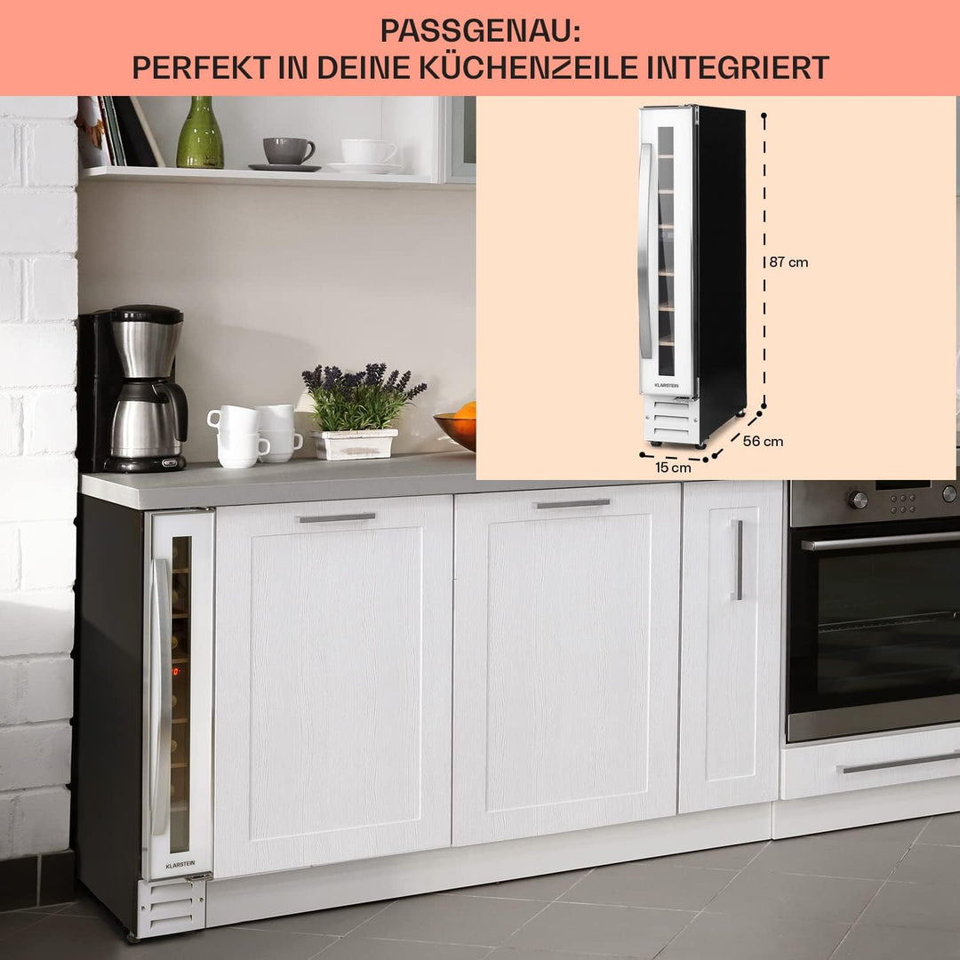 Klarstein Weinkühlschrank, 1 Zonen Getränkekühlschrank, Kleiner Einbau-Weinschrank Schmal, 20L Wein-