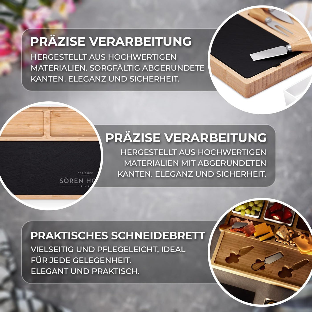 Maverton Servierplatte mit Gravur - Käsebrett mit personalisierter Steinplatte + 3 Keramikschalen -