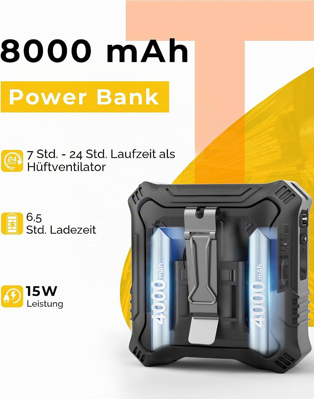 TUNISE Gürtelclip-Ventilator, 8000 mAh wiederaufladbarer Akku, 5 Stufen bis zu 24 h Laufzeit, integr