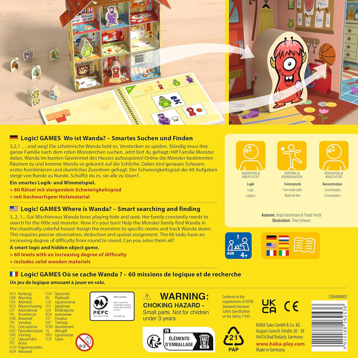 HABA Logic! Games – Wo ist Wanda? – Rätselspiel für Kinder ab 4 Jahren – 60 Aufgaben &amp; 3D-Monsterhau