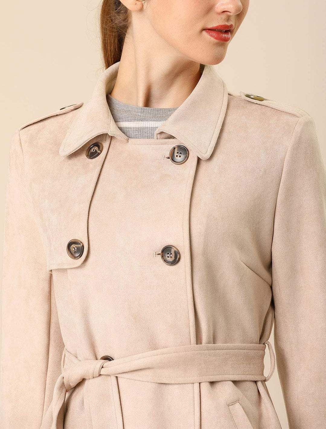 Allegra K Damen Trenchcoat Langarm Zweireiher Faux Wildleder Mantel Wintermantel M aprikose, M aprik