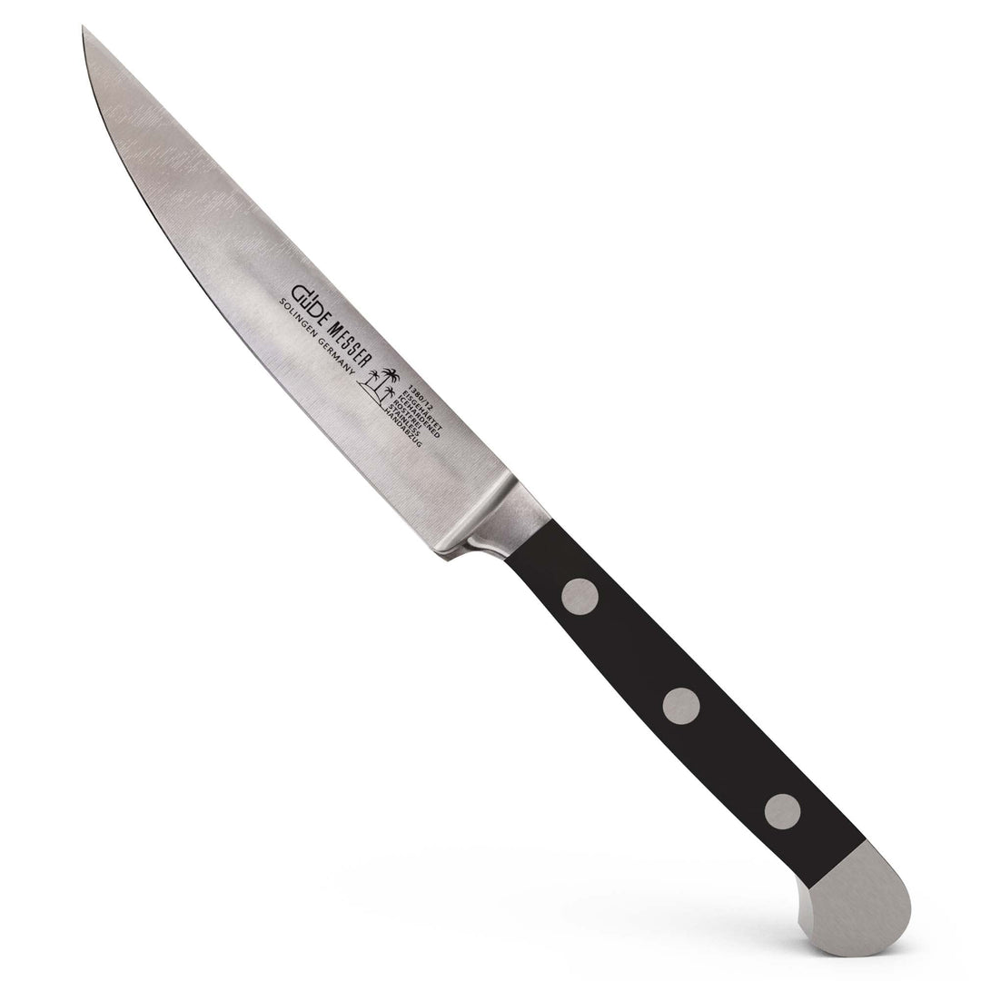 GÜDE Solingen - Porterhouse Steakmesser Glatt geschmiedet, 12 cm, POM schwarz, ALPHA, Doppelkropf, H