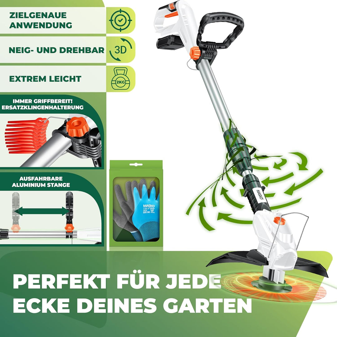 MASKO® Akku-Rasentrimmer mit 20 V Li-Ion Akku, 2,0 Ah Akku und Ladegerät, Motorsense 260mm Schnittbr