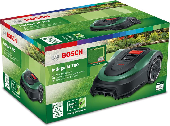 Bosch Rasenmäher Roboter Indego M 700 (mit 18V Akku, Ladestation enthalten, Schnittbreite 19 cm, für