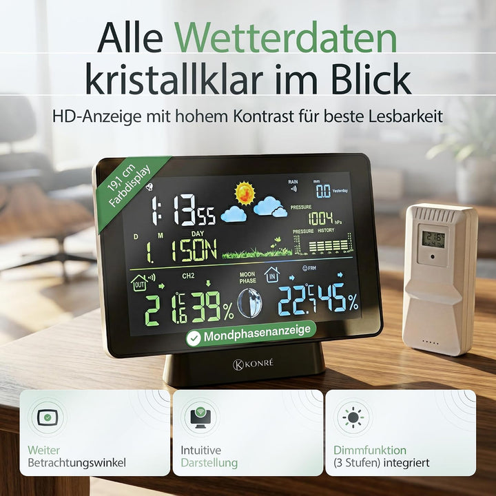 Wetterstation Funk mit Aussensensor, Regenmesser, Funkuhr