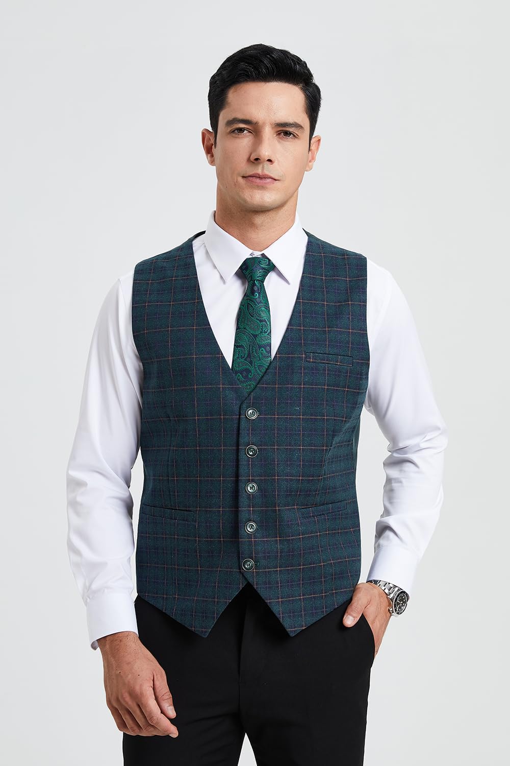 HISDERN Manner Formale Hochzeitsfeier Weste Baumwolle Plaid Kleid Anzug Weste für Herren Grün XS, Gr