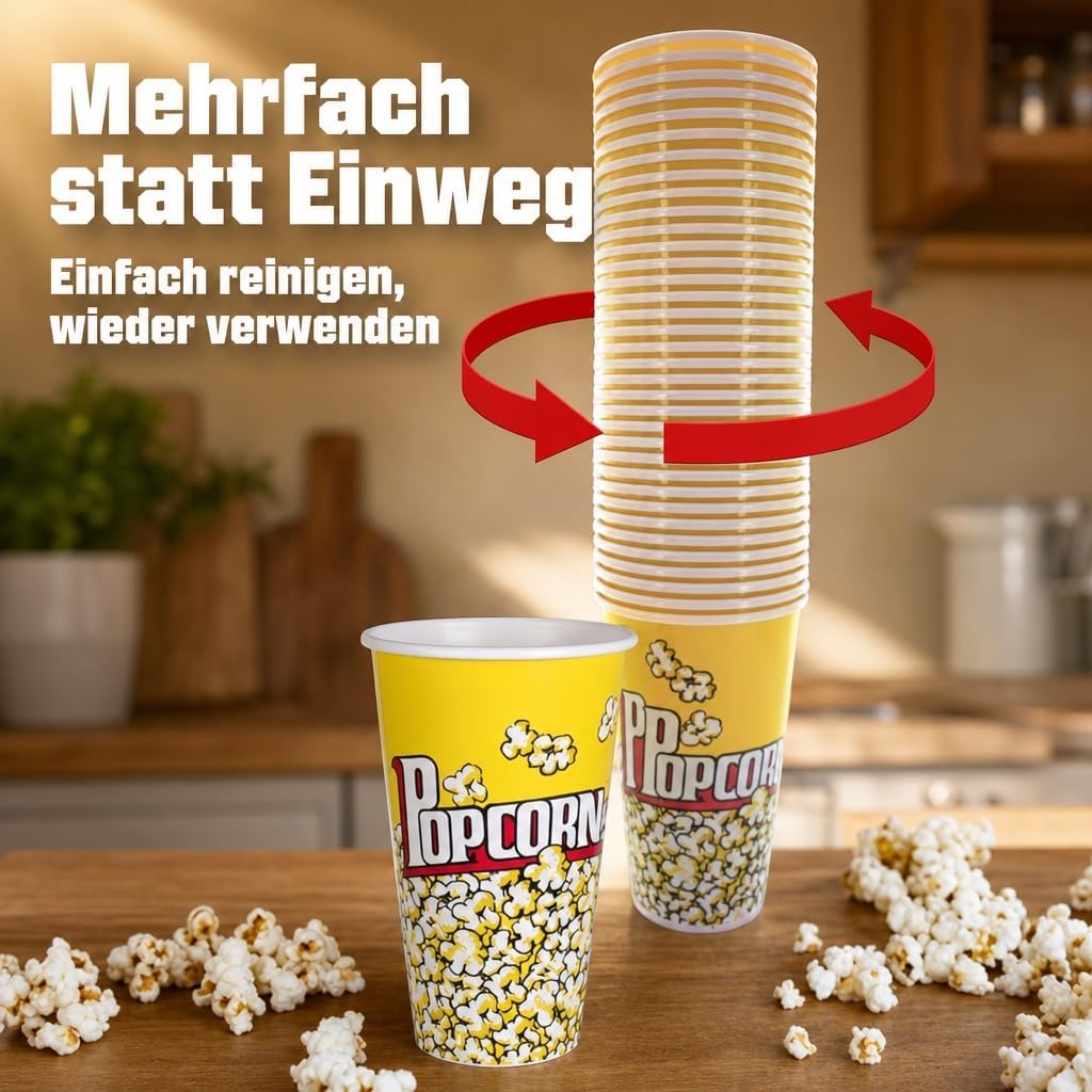 MIJOMA Popcorn-Becher Set für den Filmabend - Wiederverwendbar, lebensmittelechtes Kunststoff, 1 Lit