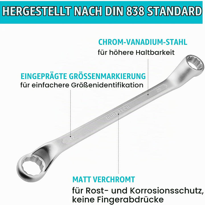 DURATECH Doppelringschlüssel-Satz, Gekröpfter Schraubenschlüssel Set, um 75 Grad abgewinkelt, DIN 83
