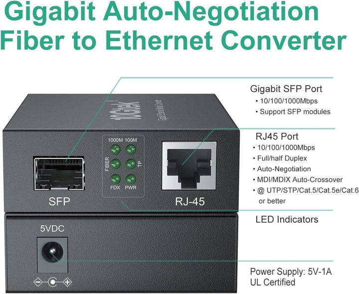 1.25G Gigabit Ethernet SFP to RJ45 Fiber Media Converter, 10/100/1000M RJ45 to 1000M SFP Slot, Fiber