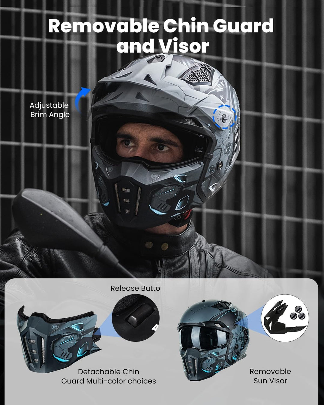 ILM Helm Motorrad Motocross Herren Damen Vintage Retro mit Visier ECE Model Z302,SciFiBlau,XL XL Sci