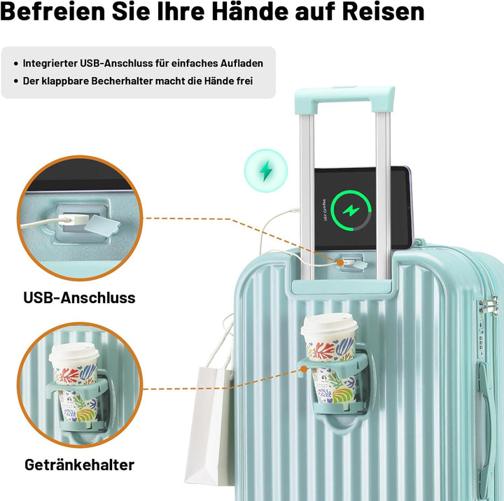 Kofferset 4 Teilig Hartschale Koffer Set mit Kosmetikkoffer Gepäcksets mit Getränkehalter USB-Anschl