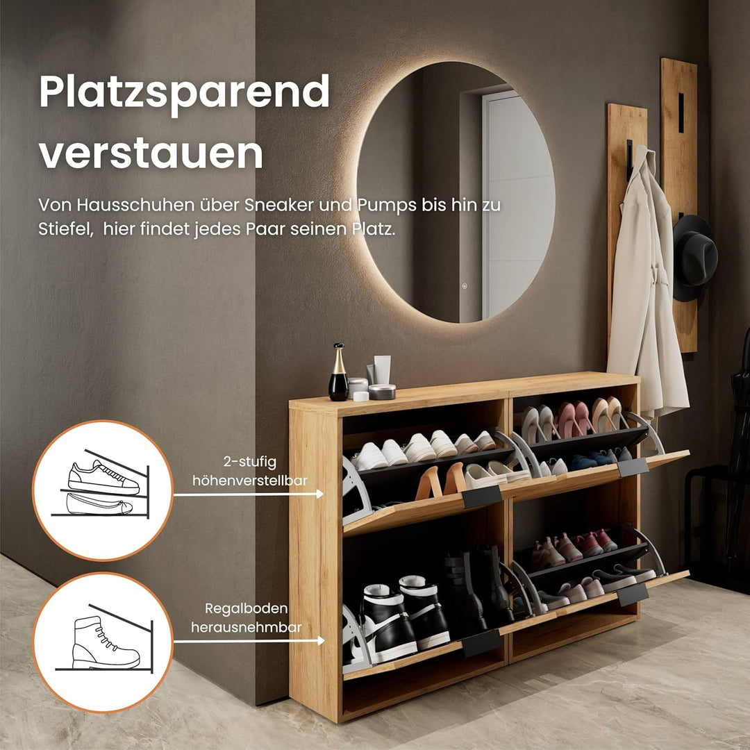 Planetmöbel 2 x Schuhschrank schmal mit 2 Klappen platzsparender Schuhregal mit 4 Ablagen, Schuhkomm