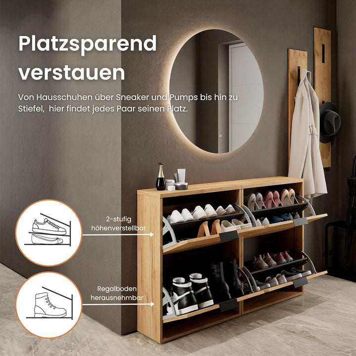 Planetmöbel 2 x Schuhschrank schmal mit 2 Klappen platzsparender Schuhregal mit 4 Ablagen, Schuhkomm