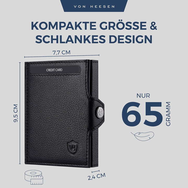 VON HEESEN Slim Wallet mit XXL Münzfach & RFID-Schutz - Leder Geldbeutel - Mini Geldbörse für Herren