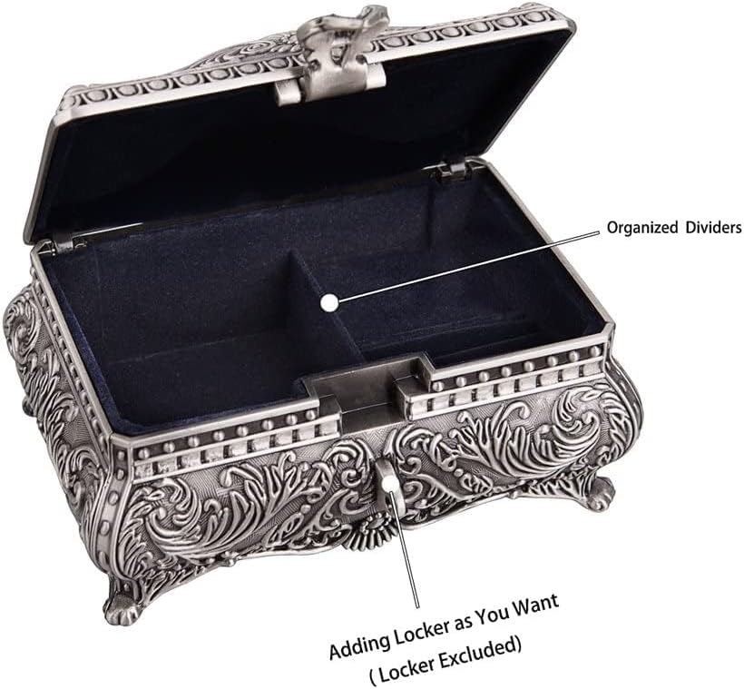 Feyarl Antik Schmuckkästen Metallic Floral Gravur Rechteck Aufbewahrung Box mit Unterteilung Silber