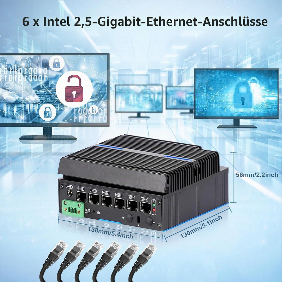 Lüfterloser Firewall-Mini-PC 6 x Intel LAN Ethernet (bis zu 2,5 GbE) Intel CORE 6006U, 8 GB DDR4 128