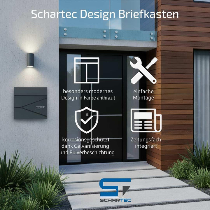 SCHARTEC® Design Briefkasten SPB-3 anthrazit mit Zeitungsfach modern & gross Wandbriefkasten Postkas