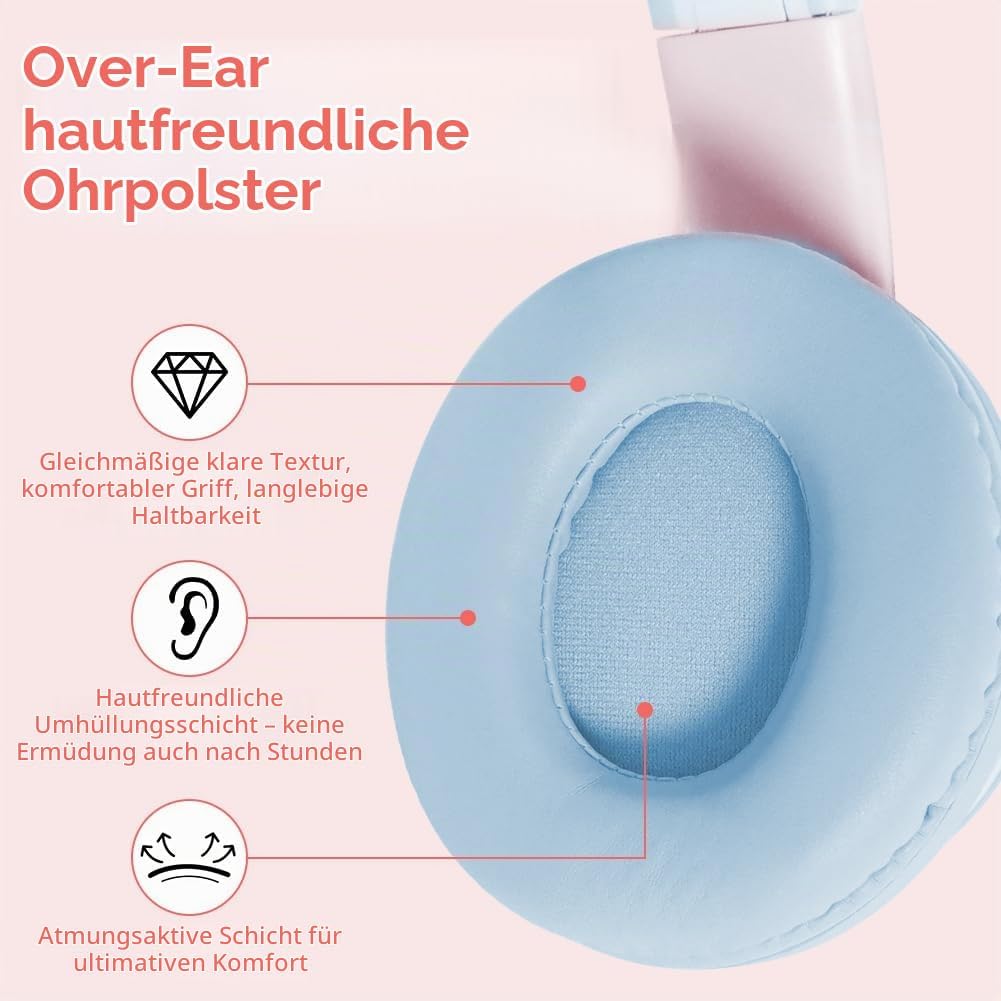 Kinder Bluetooth Kopfhörer, Katzenohr LED Lichter, Bluetooth 5.3 Stereo, Verstellbares Kopfband, 85d