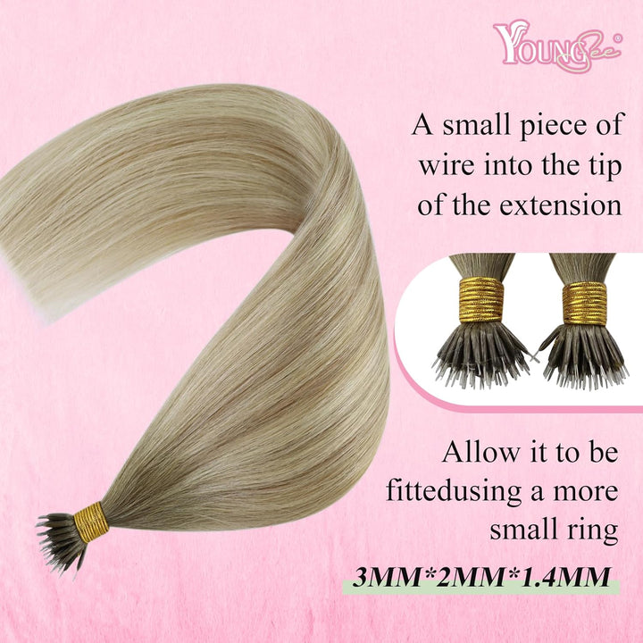 YoungSee Nanoring Extensions Echthaar Blond Nanoring Extensions Dunkel Aschblond mit Platinblond Nan