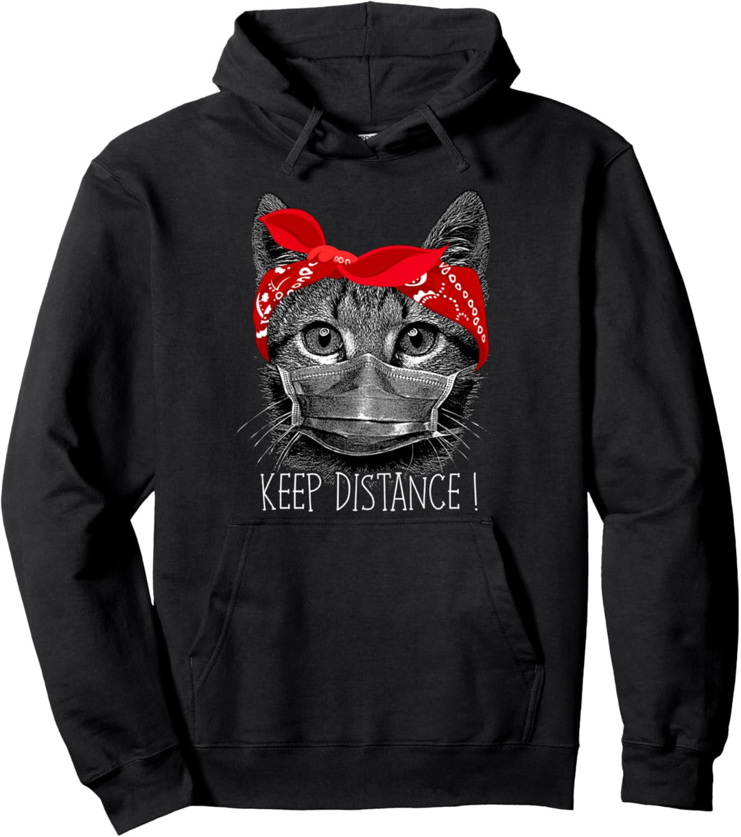 Abstand Halten - Katze Kätzchen mit Mundschutz Gesichtsmaske Pullover Hoodie