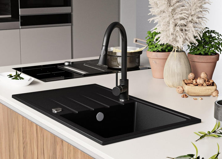 Granitspüle Schwarz 78x50 cm, Spülbecken + Ablauf-Set + Küchenarmatur 9050, Küchenspüle für 45er Unt