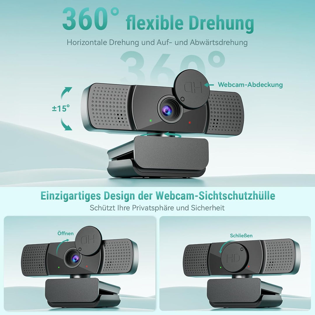 2K Full HD Webcam, mit Objektivabdeckung 30fps, 85° Weitwinkel, USB, Dual Mikrofon, Fester Fokus, Be