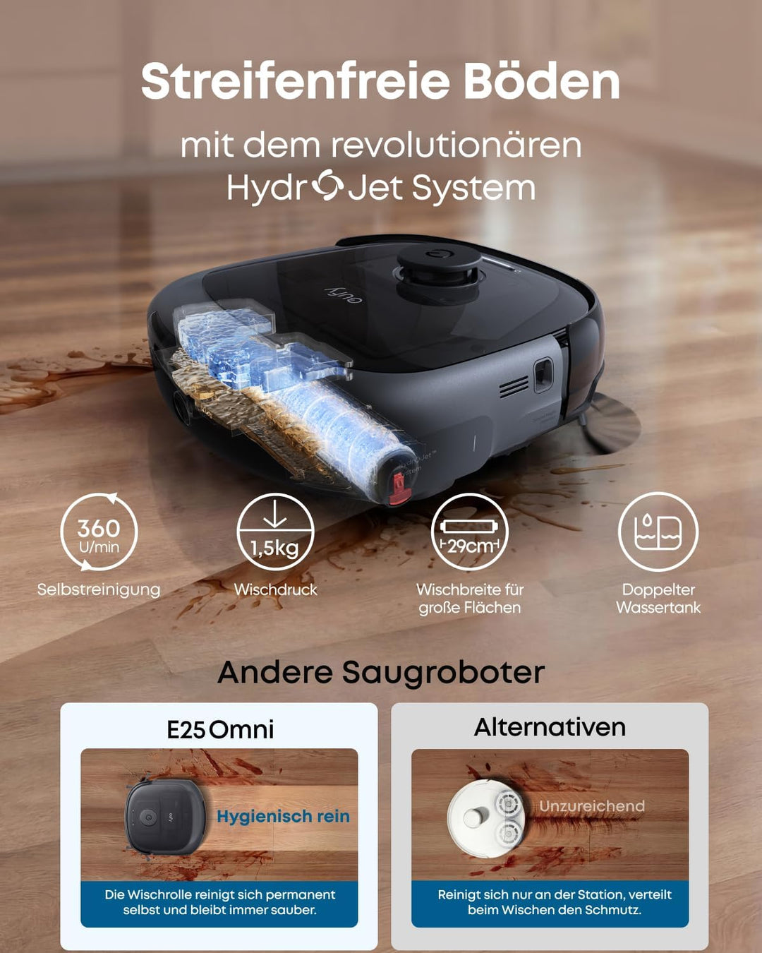 eufy Omni E25 HydroJet Saugroboter mit Wischfunktion, 20.000Pa Turbo-Saugkraft, DuroSpiral Entwirrbü