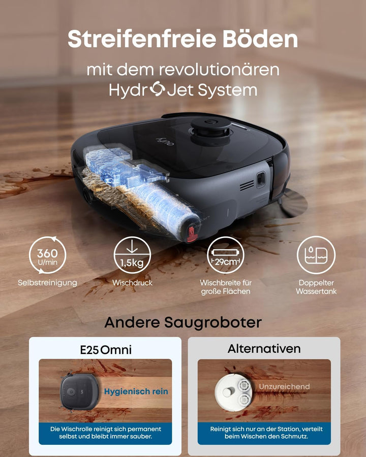 eufy Omni E25 HydroJet Saugroboter mit Wischfunktion, 20.000Pa Turbo-Saugkraft, DuroSpiral Entwirrbü