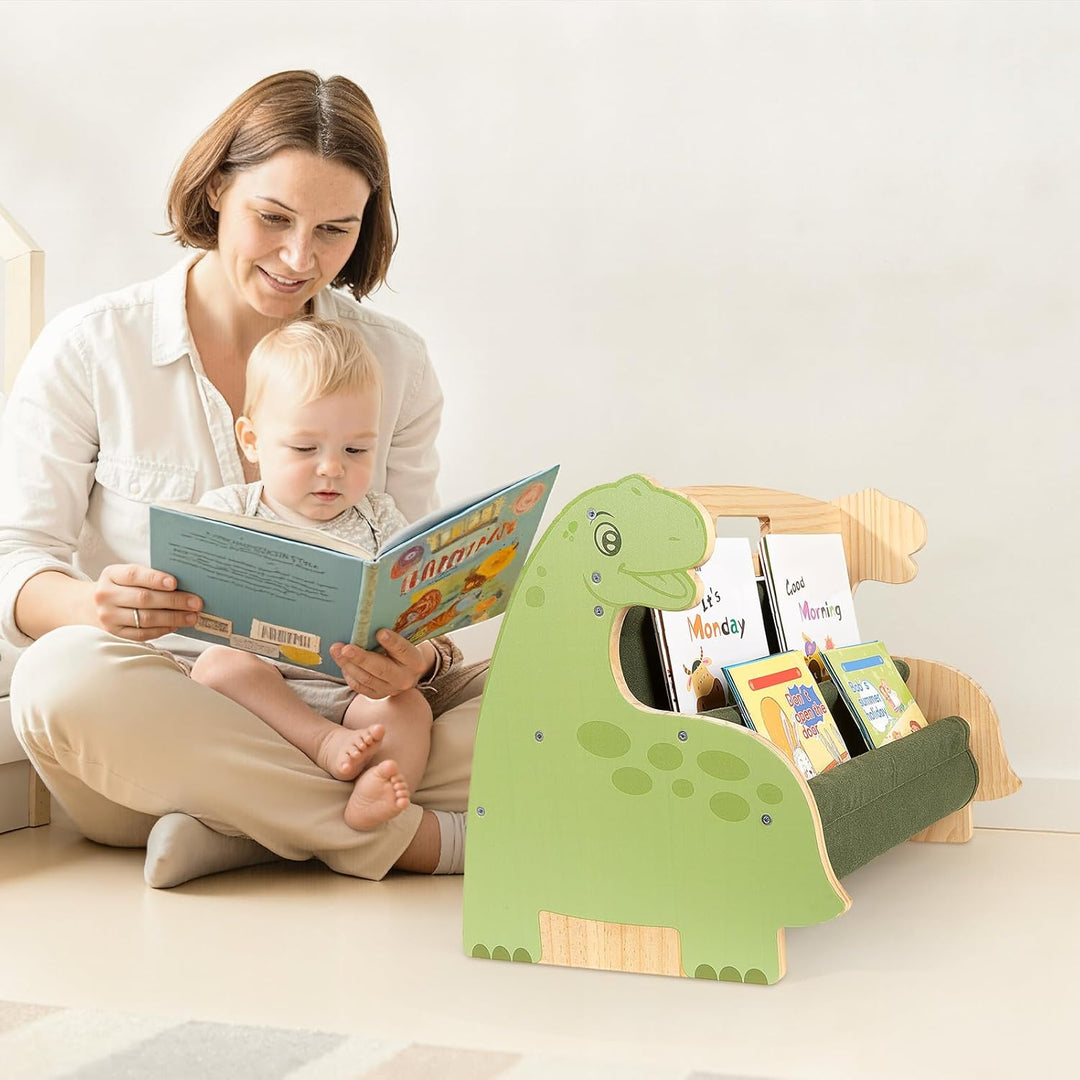 MHJY Bücherregal Kinder, doppelseitiges Holzregal mit robusten Canvas-Taschen, Montessori Stil, trag