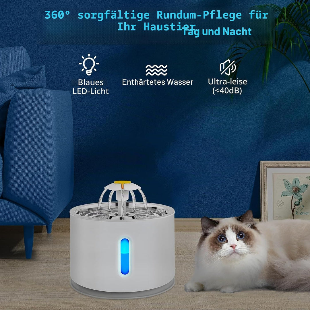 2.4L Katzentrinkbrunnen, Ultraleiser Trinkbrunnen für Haustiere mit LED-Licht - Vierfaches Filtersys