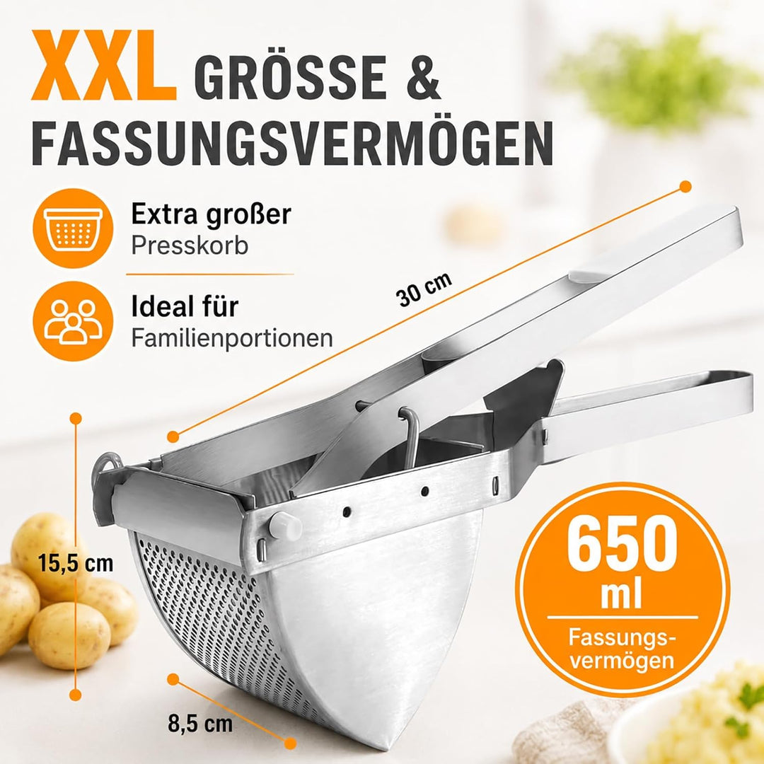 Hohe Qualität Kartoffelpresse Edelstahl Testsieger - Ergonomischer Komfortgriff, Extra Grosses Fassu
