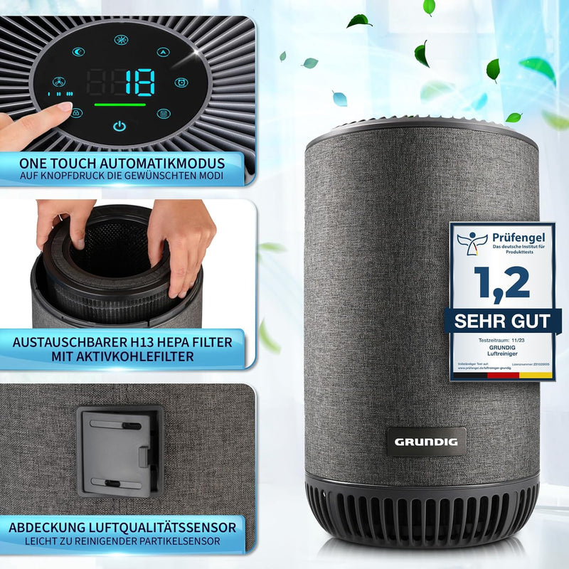 Grundig Luftreiniger Allergiker Air Purifier - Extra leise - Hepa Filter mit Premium AKTIVKOHLEFILTE