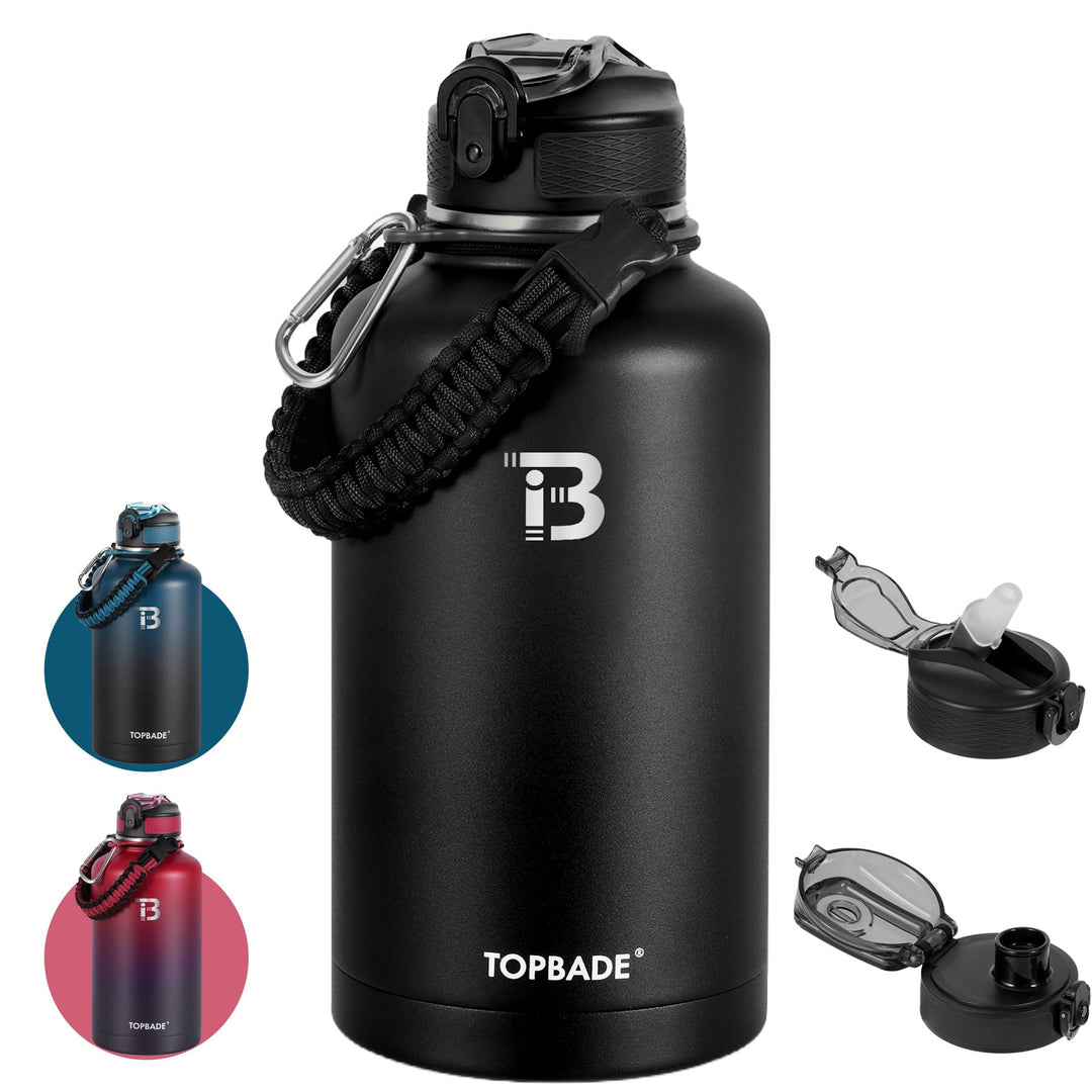 Edelstahl Trinkflasche Sport 1900ml, Isolierte Wasserflasche mit 2 Deckel (Strohhalm & no Strohhalm)