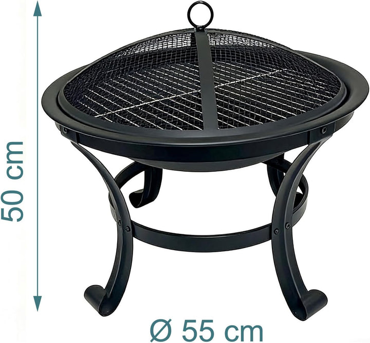 Relaxdays Feuerschale mit Grillrost, Funkenschutz, Schürhaken, Stahl, Ø 55 cm, schwarz Gartenfeuerst