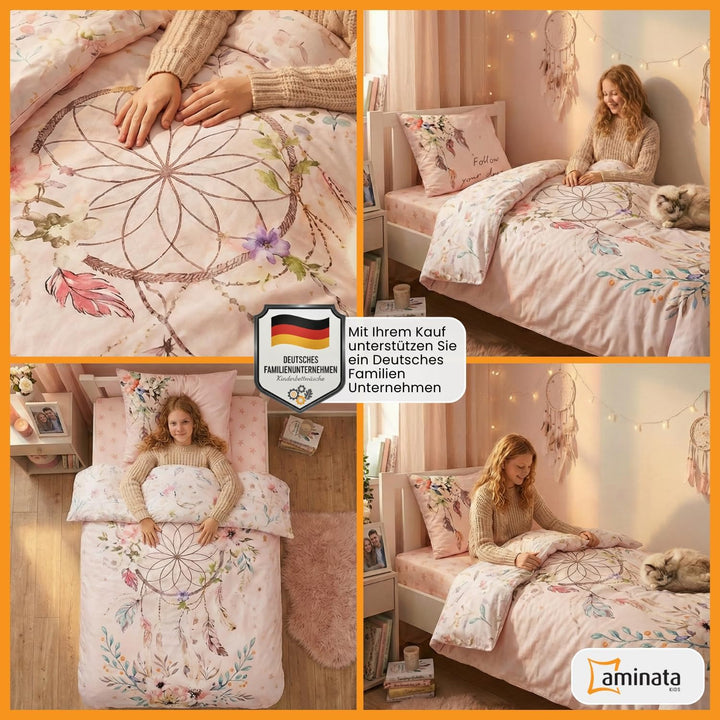 Aminata kids Bettwäsche Traumfänger 135x200 Mädchen Biber warm, weich &amp; kuschelig mit Reissverschlus